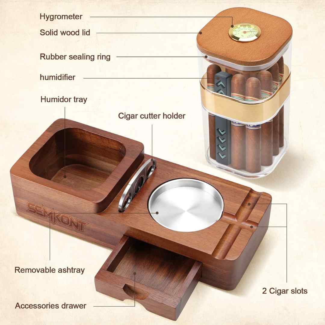 Deluxe Cigar Humidor & Ashtray Set – Wooden Cigar Accessories with Cutter, Jar, Hygrometer & Humidifier