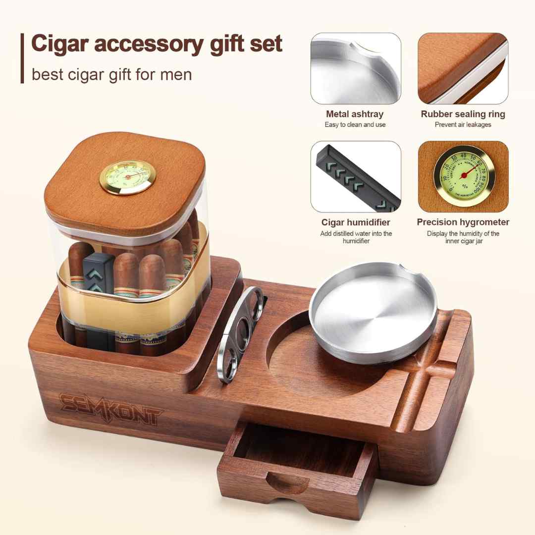 Deluxe Cigar Humidor & Ashtray Set – Wooden Cigar Accessories with Cutter, Jar, Hygrometer & Humidifier