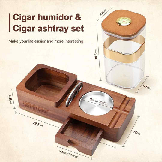 Deluxe Cigar Humidor & Ashtray Set – Wooden Cigar Accessories with Cutter, Jar, Hygrometer & Humidifier