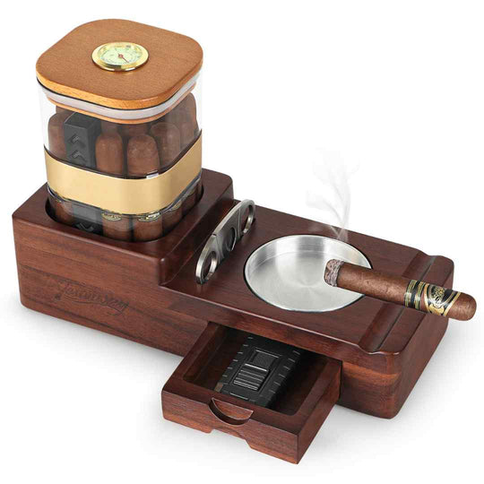 Deluxe Cigar Humidor & Ashtray Set – Wooden Cigar Accessories with Cutter, Jar, Hygrometer & Humidifier