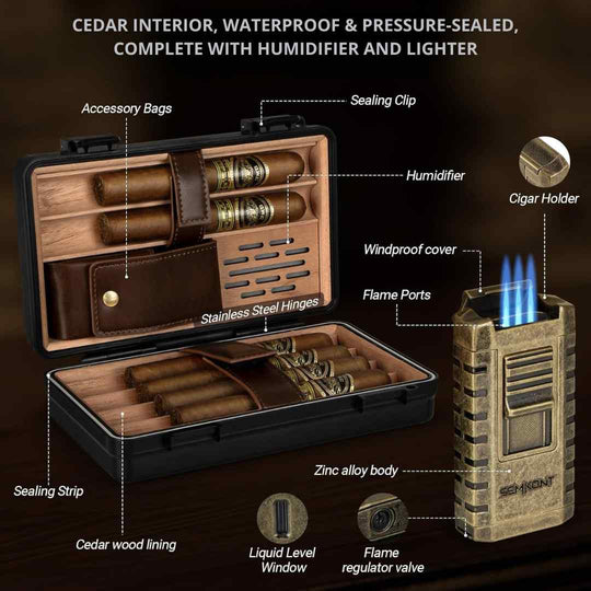 Rugged Travel Cigar Humidor - Cedar Interior, Waterproof & Pressure-Sealed, Complete with Humidifier and Lighter