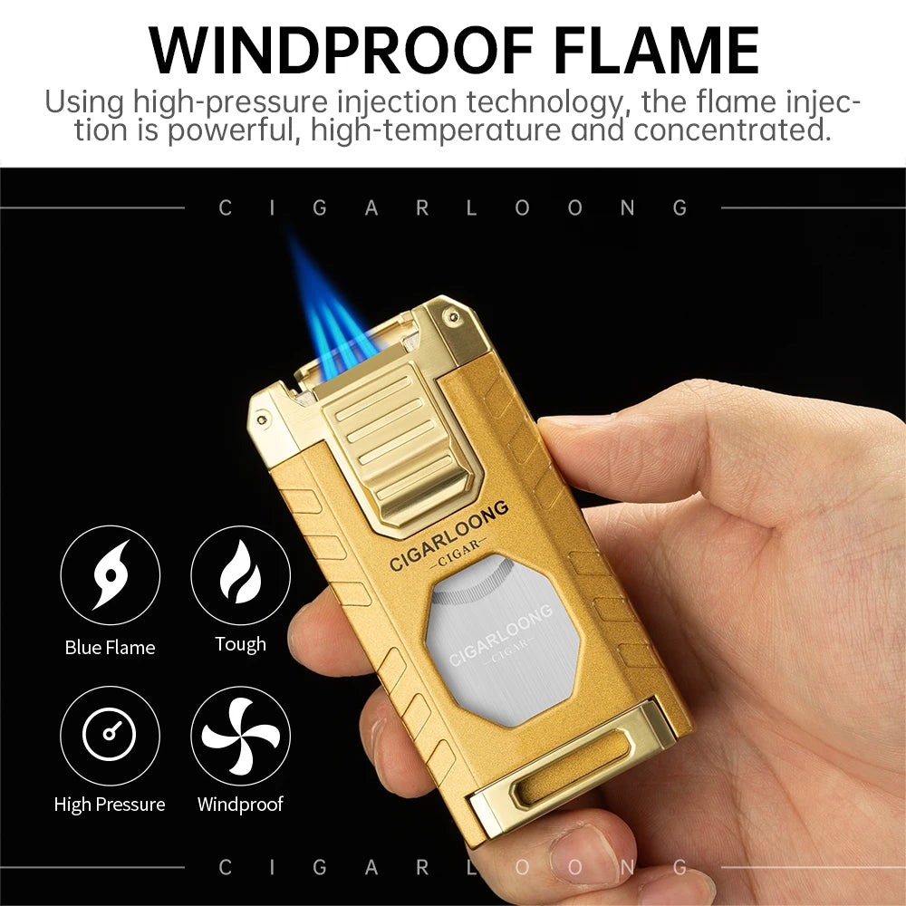 5-in-1 Torch Lighter – Windproof Flame with Integrated Cigar Drill, Holder & Scissors