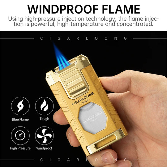 5-in-1 Torch Lighter – Windproof Flame with Integrated Cigar Drill, Holder & Scissors