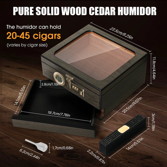Cedar Wood Cigar Humidor with Digital Hygrometer, Humidifier, Combination Lock & 3 Precision Cutters