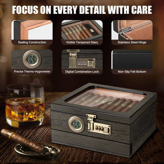 Cedar Wood Cigar Humidor with Digital Hygrometer, Humidifier, Combination Lock & 3 Precision Cutters