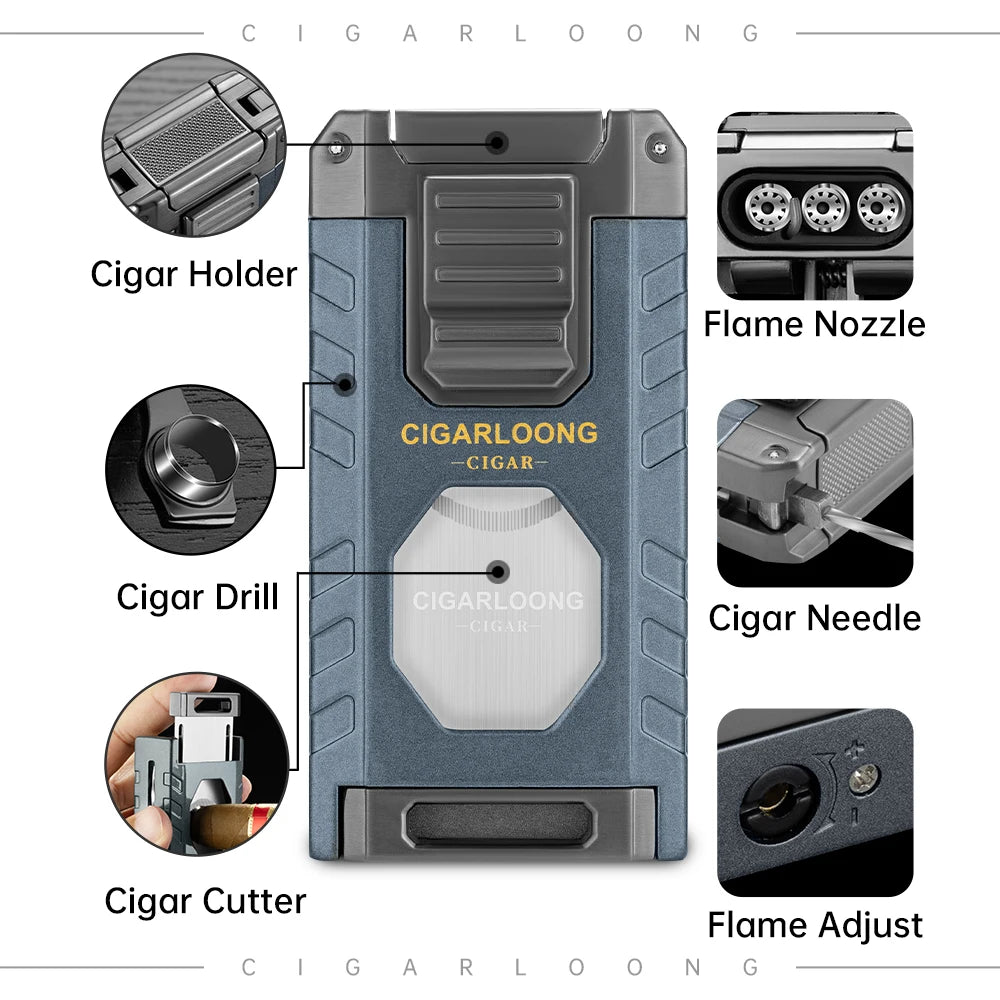 5-in-1 Torch Lighter – Windproof Flame with Integrated Cigar Drill, Holder & Scissors