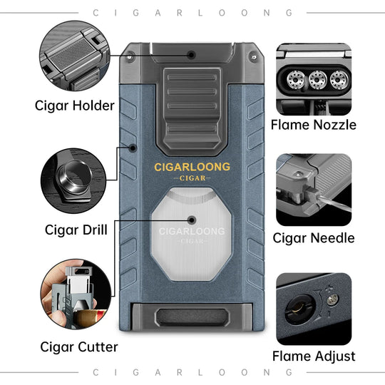 5-in-1 Torch Lighter – Windproof Flame with Integrated Cigar Drill, Holder & Scissors