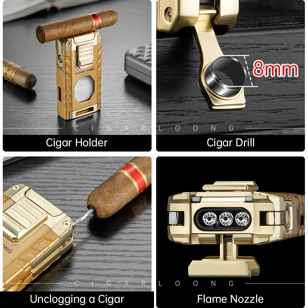 5-in-1 Torch Lighter – Windproof Flame with Integrated Cigar Drill, Holder & Scissors