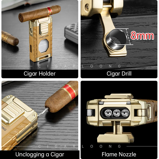 5-in-1 Torch Lighter – Windproof Flame with Integrated Cigar Drill, Holder & Scissors