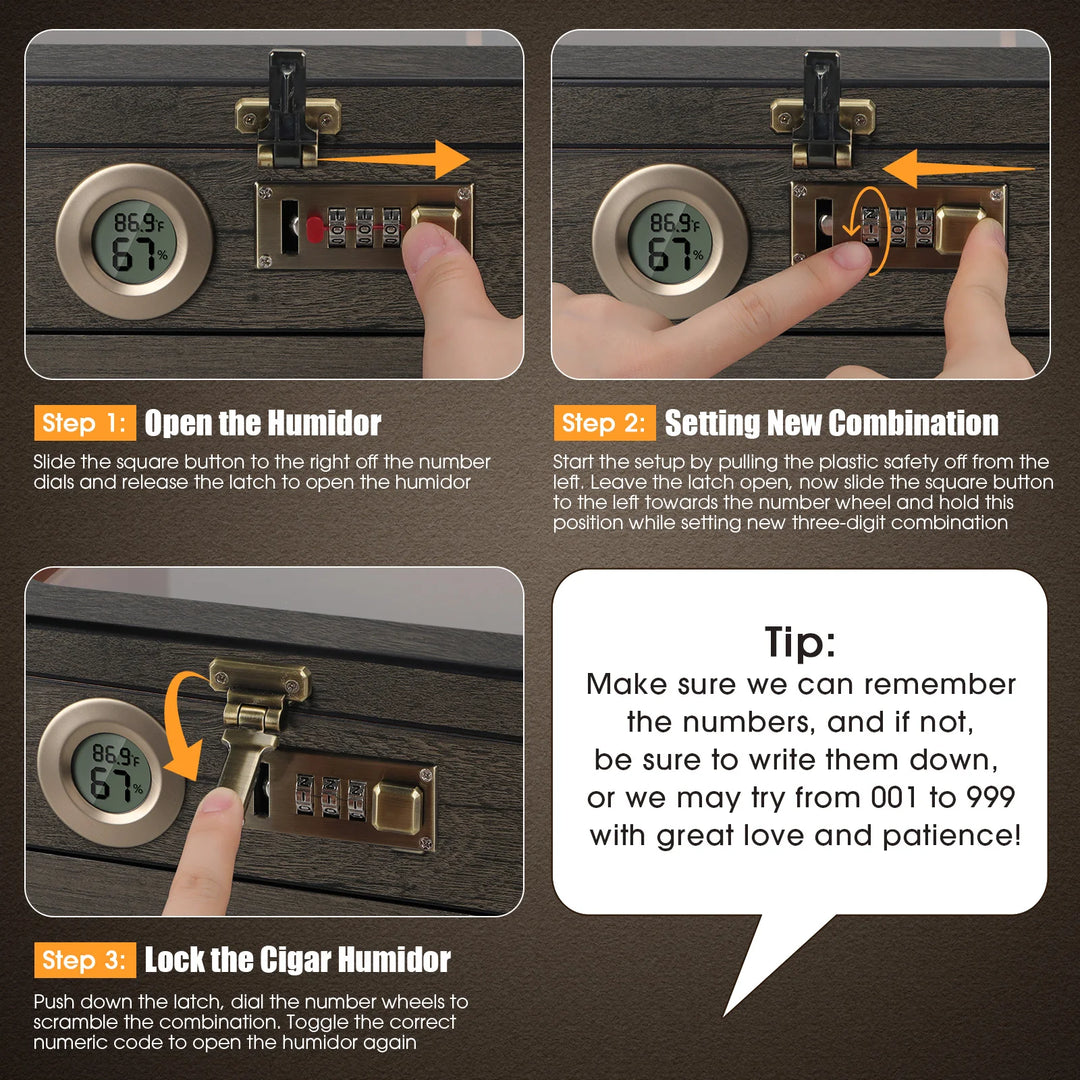 Cedar Wood Cigar Humidor with Digital Hygrometer, Humidifier, Combination Lock & 3 Precision Cutters