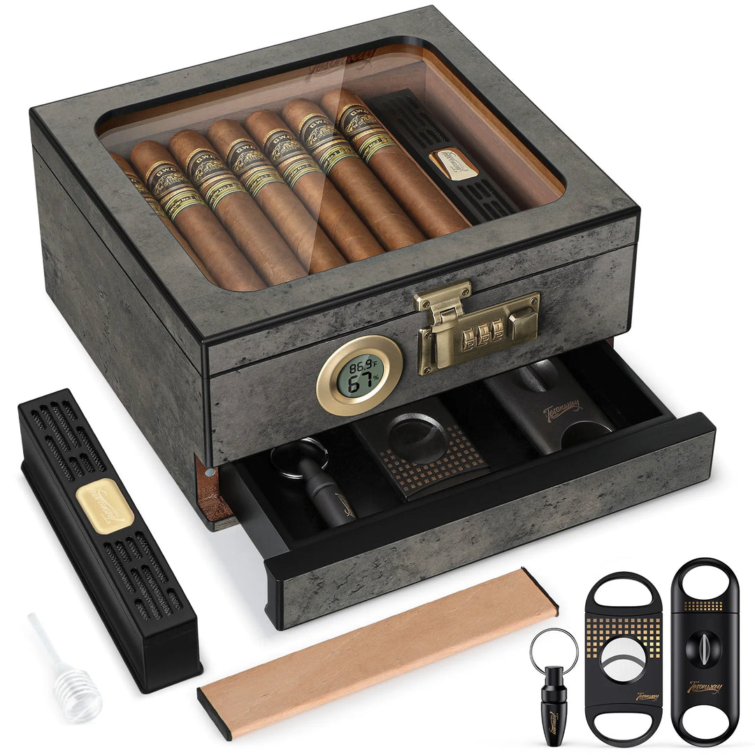 Cedar Wood Cigar Humidor with Digital Hygrometer, Humidifier, Combination Lock & 3 Precision Cutters