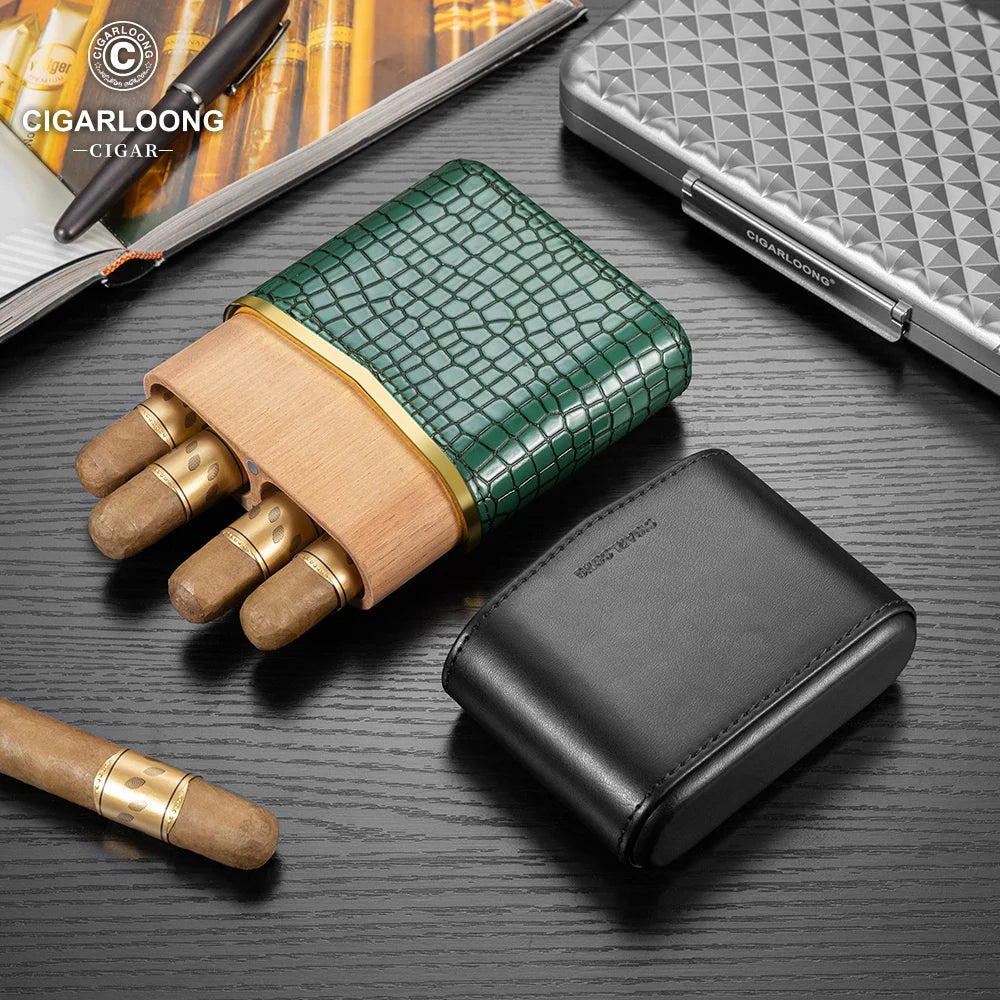 Novaro Leather Case – 4-Slot Travel Humidor with Cedar Lining & Magnetic Seal