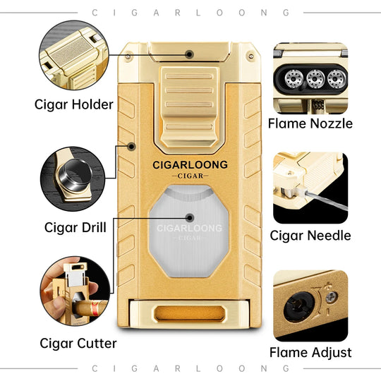 5-in-1 Torch Lighter – Windproof Flame with Integrated Cigar Drill, Holder & Scissors