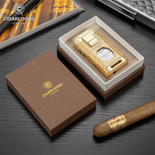 5-in-1 Torch Lighter – Windproof Flame with Integrated Cigar Drill, Holder & Scissors