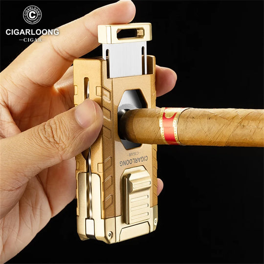5-in-1 Torch Lighter – Windproof Flame with Integrated Cigar Drill, Holder & Scissors