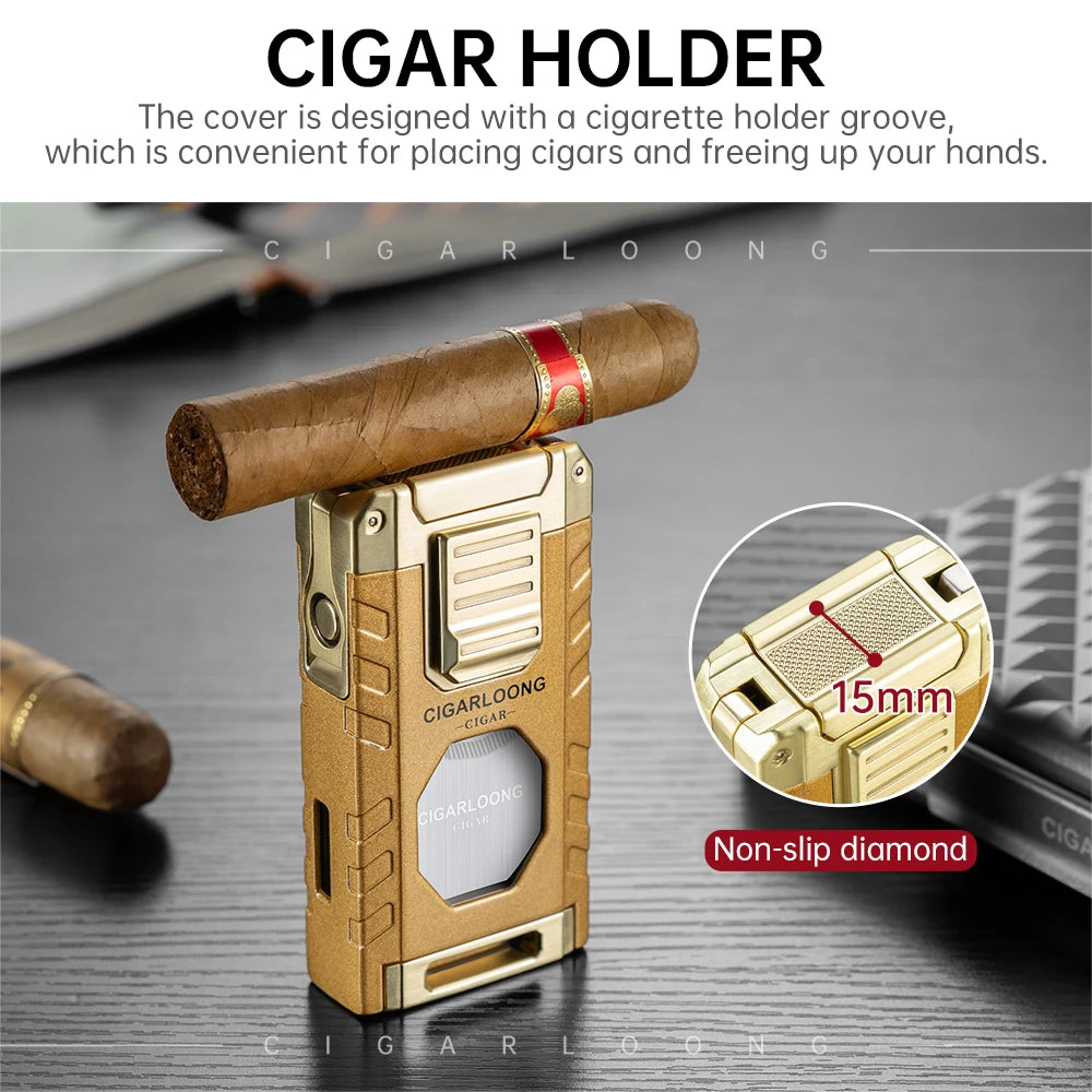 5-in-1 Torch Lighter – Windproof Flame with Integrated Cigar Drill, Holder & Scissors