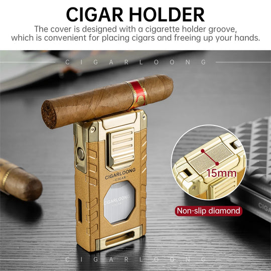 5-in-1 Torch Lighter – Windproof Flame with Integrated Cigar Drill, Holder & Scissors