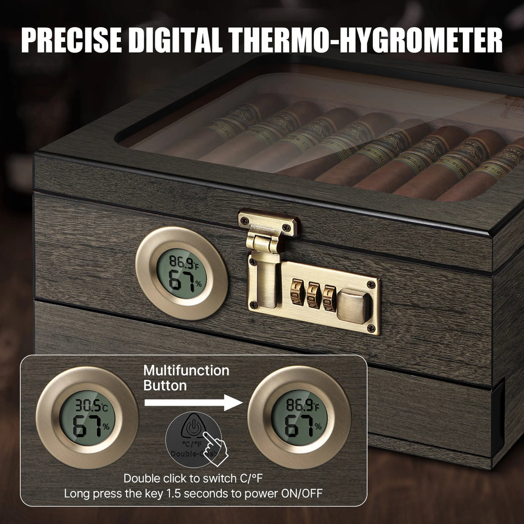Cedar Wood Cigar Humidor with Digital Hygrometer, Humidifier, Combination Lock & 3 Precision Cutters