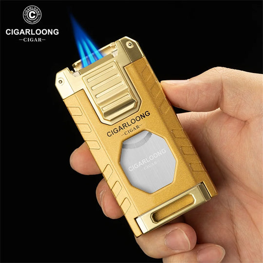 5-in-1 Torch Lighter – Windproof Flame with Integrated Cigar Drill, Holder & Scissors