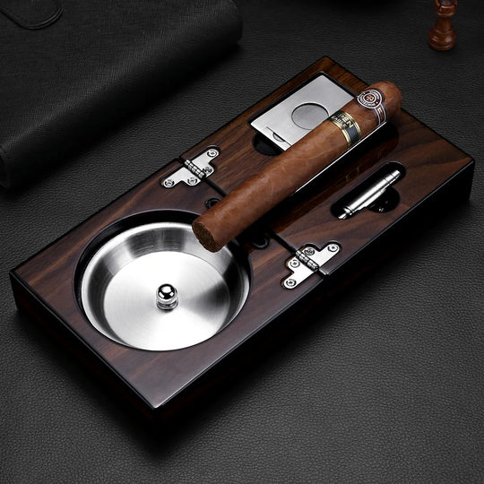 Regalia Trio – Solid Wood Ashtray & Cutter Set