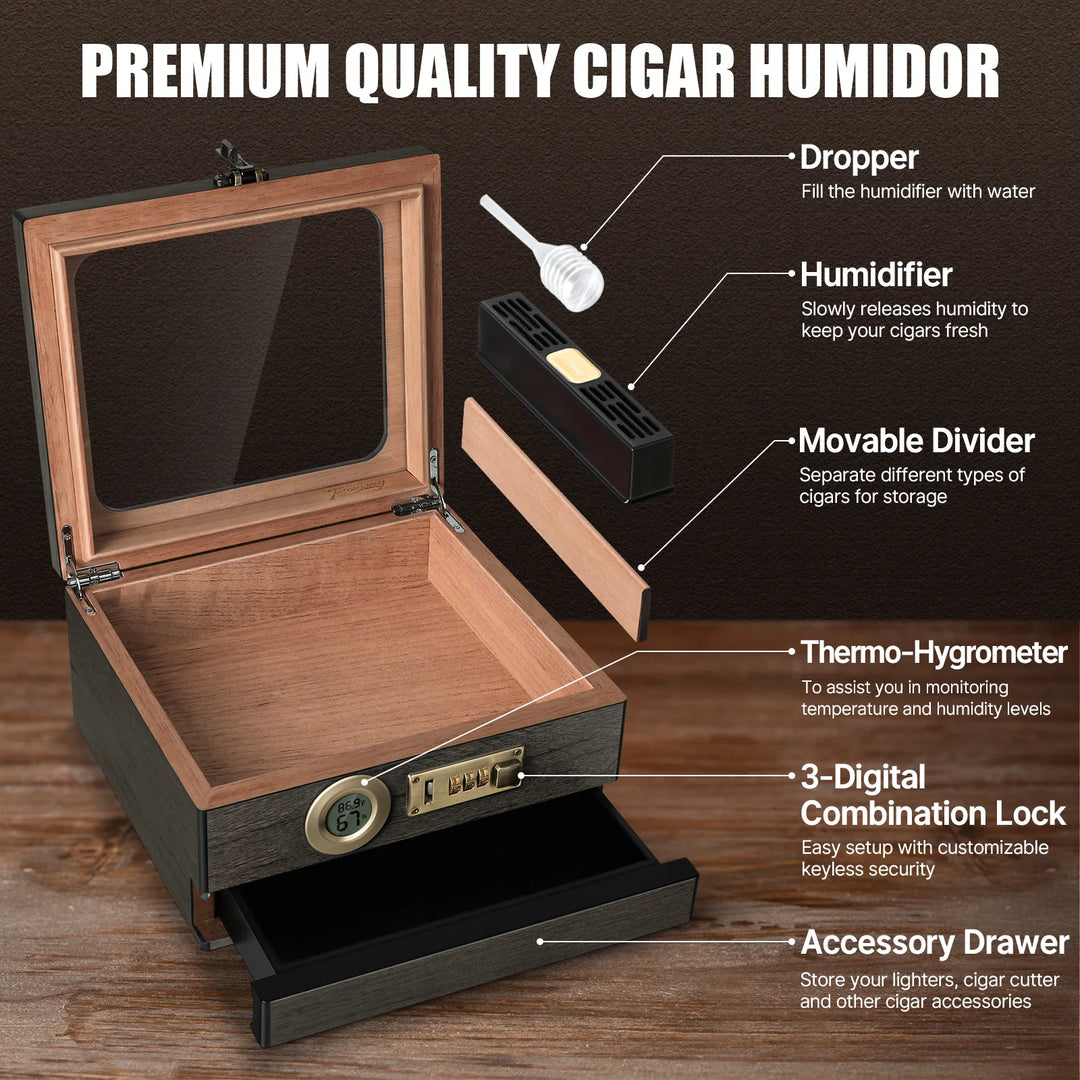 Cedar Wood Cigar Humidor with Digital Hygrometer, Humidifier, Combination Lock & 3 Precision Cutters