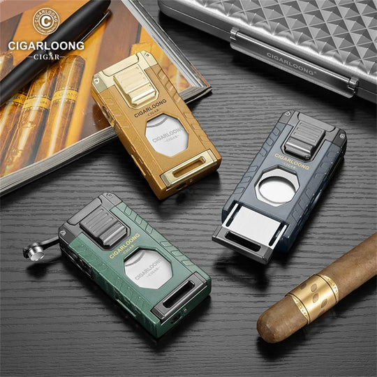 5-in-1 Torch Lighter – Windproof Flame with Integrated Cigar Drill, Holder & Scissors