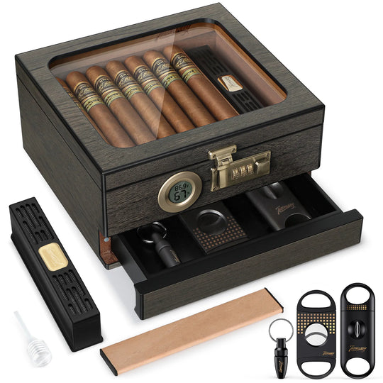 Cedar Wood Cigar Humidor with Digital Hygrometer, Humidifier, Combination Lock & 3 Precision Cutters