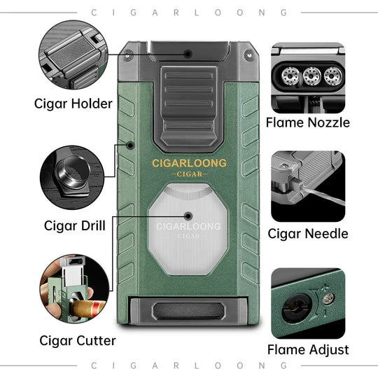 5-in-1 Torch Lighter – Windproof Flame with Integrated Cigar Drill, Holder & Scissors