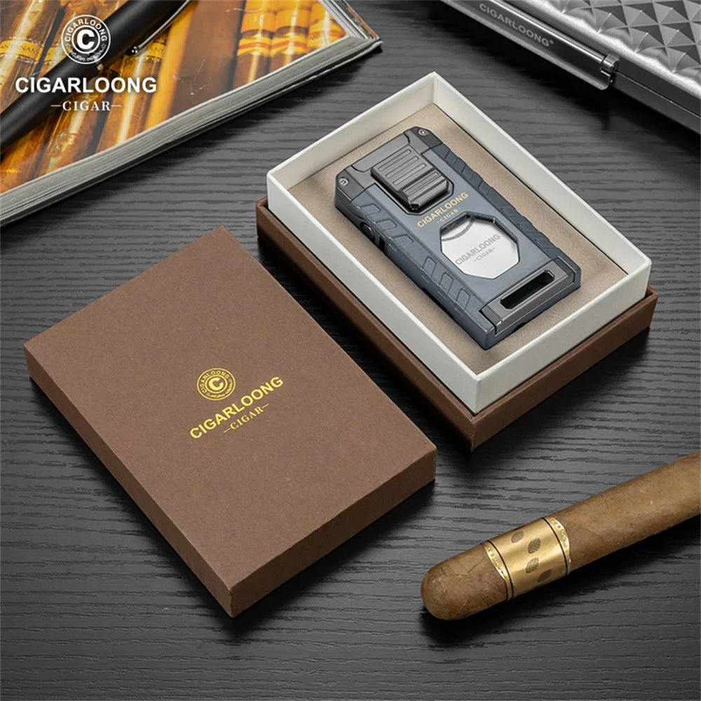 5-in-1 Torch Lighter – Windproof Flame with Integrated Cigar Drill, Holder & Scissors