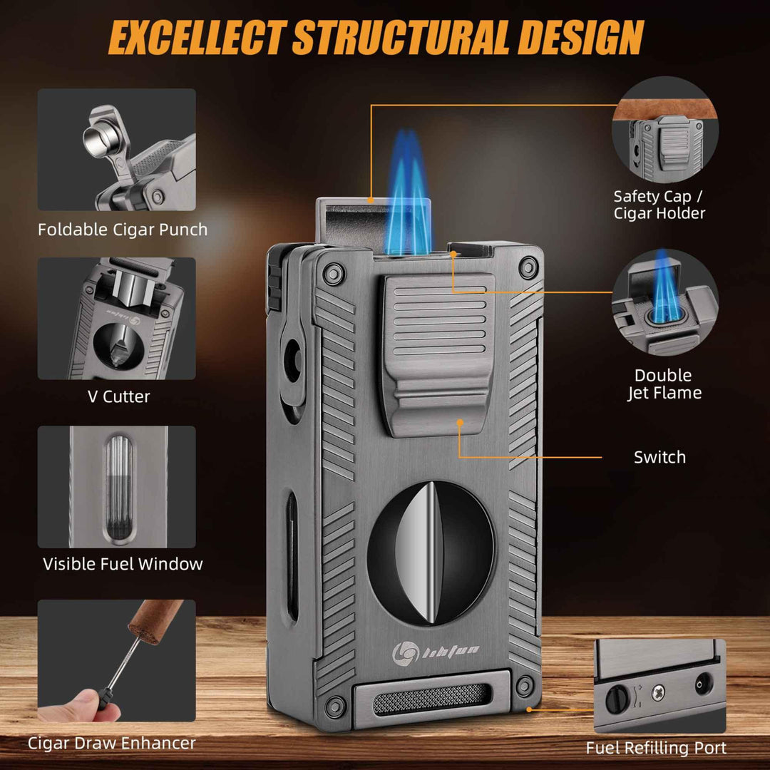 Elite Cigar Torch: All-in-One Lighter, V-Cutter, Punch Cutter, Holder, and Fuel Window - Fluid And Fire