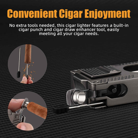 Elite Cigar Torch: All-in-One Lighter, V-Cutter, Punch Cutter, Holder, and Fuel Window - Fluid And Fire