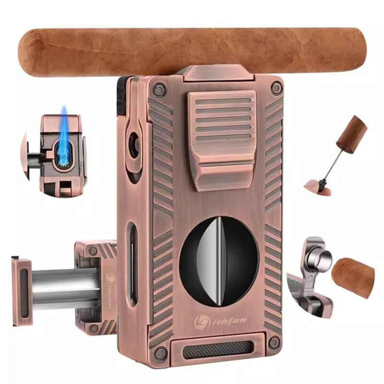 Elite Cigar Torch: All-in-One Lighter, V-Cutter, Punch Cutter, Holder, and Fuel Window - Fluid And Fire