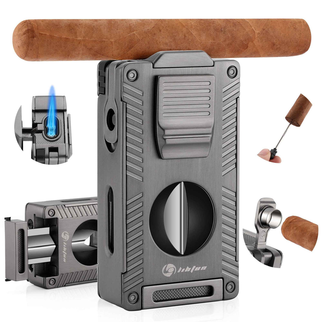 Elite Cigar Torch: All-in-One Lighter, V-Cutter, Punch Cutter, Holder, and Fuel Window - Fluid And Fire