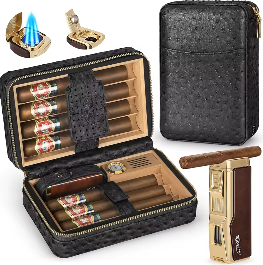 Premium Ostrich Leather Humidor With Minimalist Torch & Built-In Holder