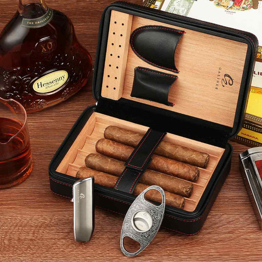 Elegant Cedar Wood Humidor & Travel Cigar Set with Lighter & Guillotine Cutter