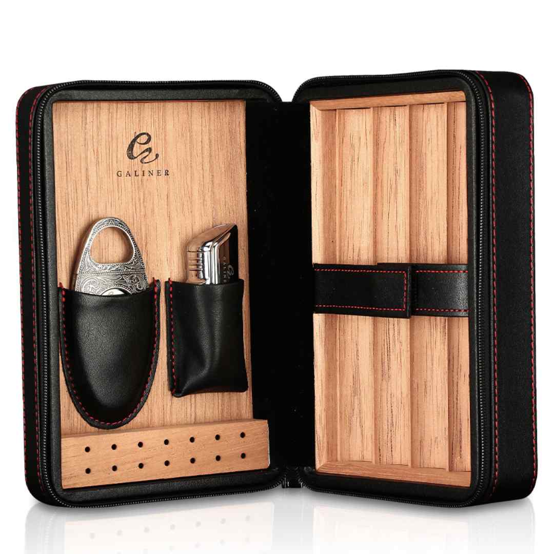 Elegant Cedar Wood Humidor & Travel Cigar Set with Lighter & Guillotine Cutter