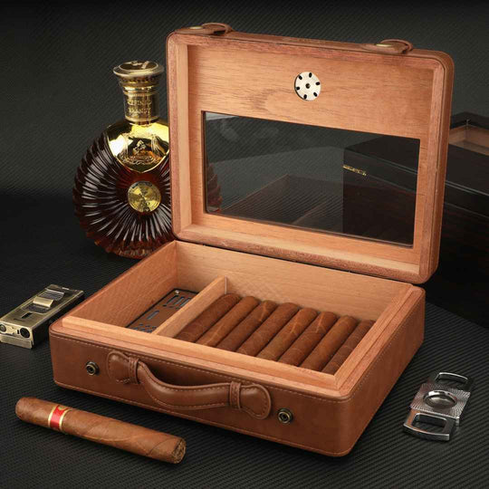 Travel Cigar Humidor Box with Glass Top – Cedar Wood Lining, Humidifier, and Hygrometer, Holds Up to 50 Cigars