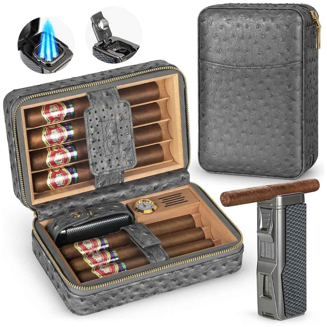 Premium Ostrich Leather Cigar Humidor Case With Built-in Hygrometer + Torch Equipped With Its Own Cigar Holder - Fluid And Fire