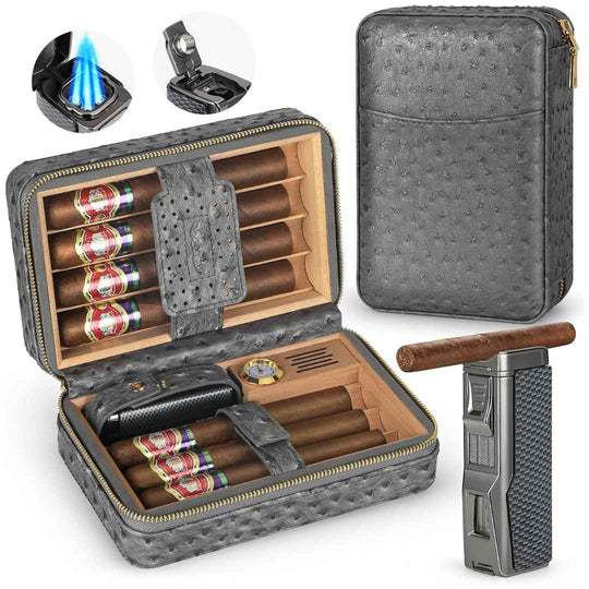 Premium Ostrich Leather Cigar Humidor Case With Built-in Hygrometer + Torch Equipped With Its Own Cigar Holder - Fluid And Fire