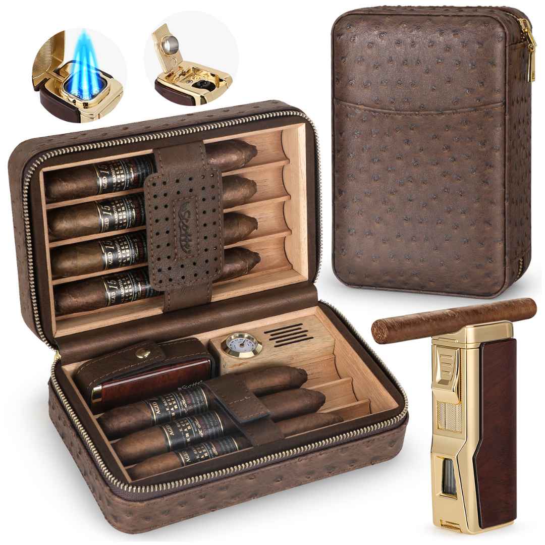 Premium Ostrich Leather Cigar Humidor Case With Built-in Hygrometer + Torch Equipped With Its Own Cigar Holder - Fluid And Fire