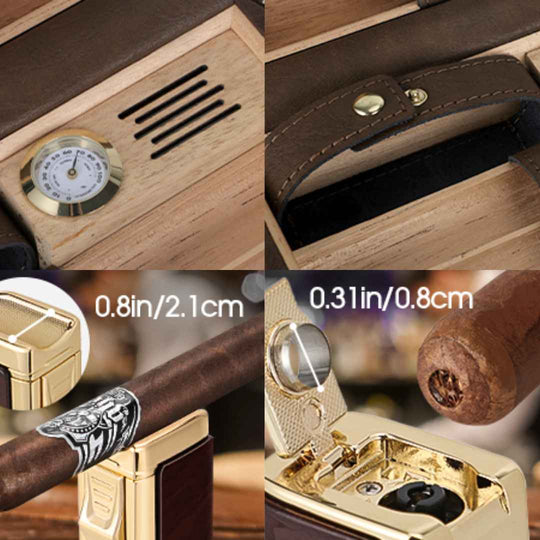 Premium Ostrich Leather Cigar Humidor Case With Built-in Hygrometer + Torch Equipped With Its Own Cigar Holder - Fluid And Fire