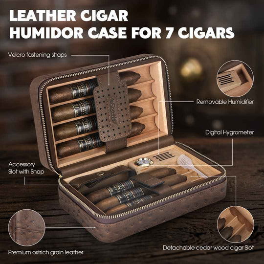 Premium Ostrich Leather Cigar Humidor Case With Built-in Hygrometer + Torch Equipped With Its Own Cigar Holder - Fluid And Fire