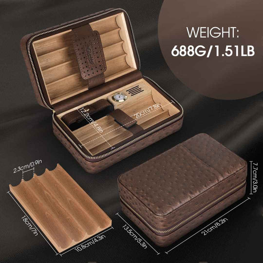 Premium Ostrich Leather Cigar Humidor Case With Built-in Hygrometer + Torch Equipped With Its Own Cigar Holder - Fluid And Fire