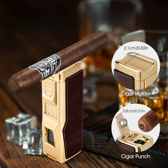 Premium Ostrich Leather Cigar Humidor Case With Built-in Hygrometer + Torch Equipped With Its Own Cigar Holder - Fluid And Fire