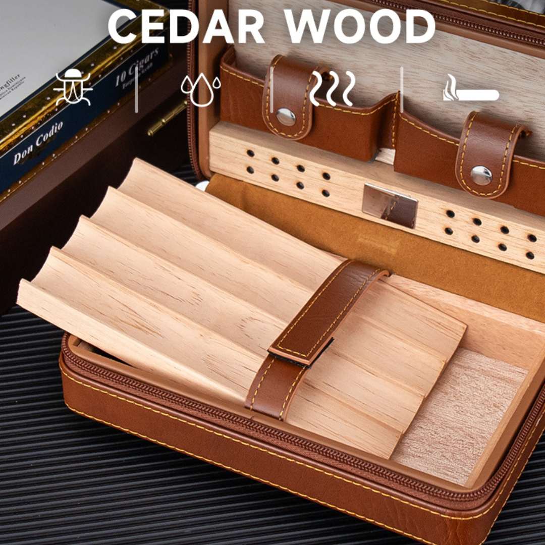 Dominus 4-Slot Leather Travel Case – Torch, Cutter, Humidity Chamber & Hygrometer