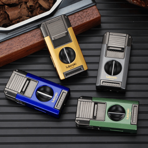 Dual Torch Lighter Set with Cigar Cutter & Punch - Butane Powered