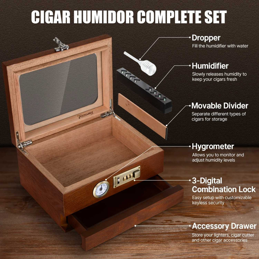 The Heritage Vault – Cedar Wood Humidor with Built-In Lockable Drawer