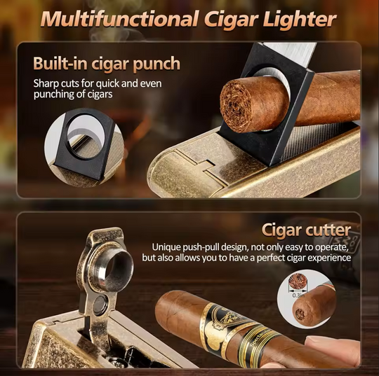 Luxury Leather Cigar Humidor with Integrated Lighter, Precision Cutter, Punch, Humidifier, and Cedar Tray