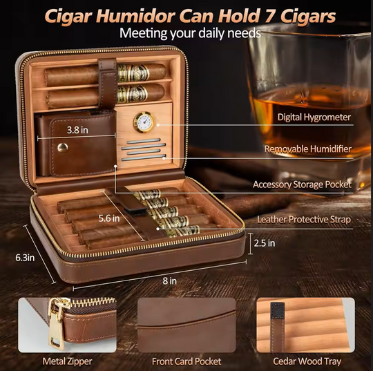 Luxury Leather Cigar Humidor with Integrated Lighter, Precision Cutter, Punch, Humidifier, and Cedar Tray