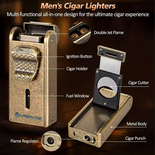 Luxury Leather Cigar Humidor with Integrated Lighter, Precision Cutter, Punch, Humidifier, and Cedar Tray